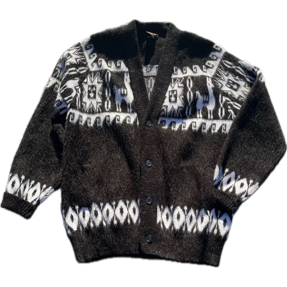Vintage 100% Wool Button Up Cardigan Sweater Gray Geometric Lama Print Women’s